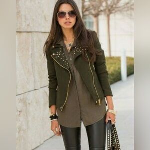 Zara Basic Size XS Army Olive Green Wool Blend Moto Zip Studded Zip up Jacket